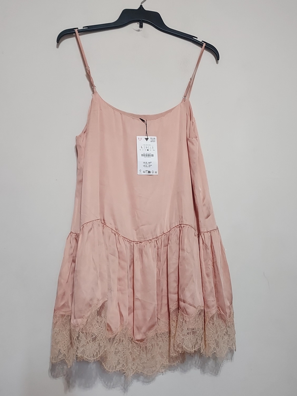 Zara Satin DustyPink Lace-Trim Feminine Babydoll Slip Dress Sz-L - Picture 6 of 9